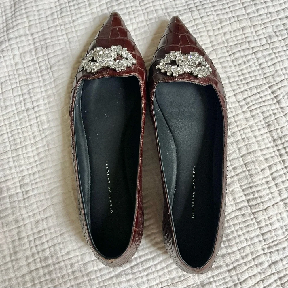 Giuseppe Zanotti Rhinestone Croc Leather Pointed Toe Ballet Flats 38.5
